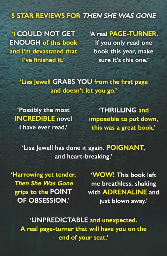 5 avis 5 étoiles pour THEN SHE WAS GONE. Citations telles que 'Je n'en avais jamais assez de ce livre' et 'Un vrai page-turner'.