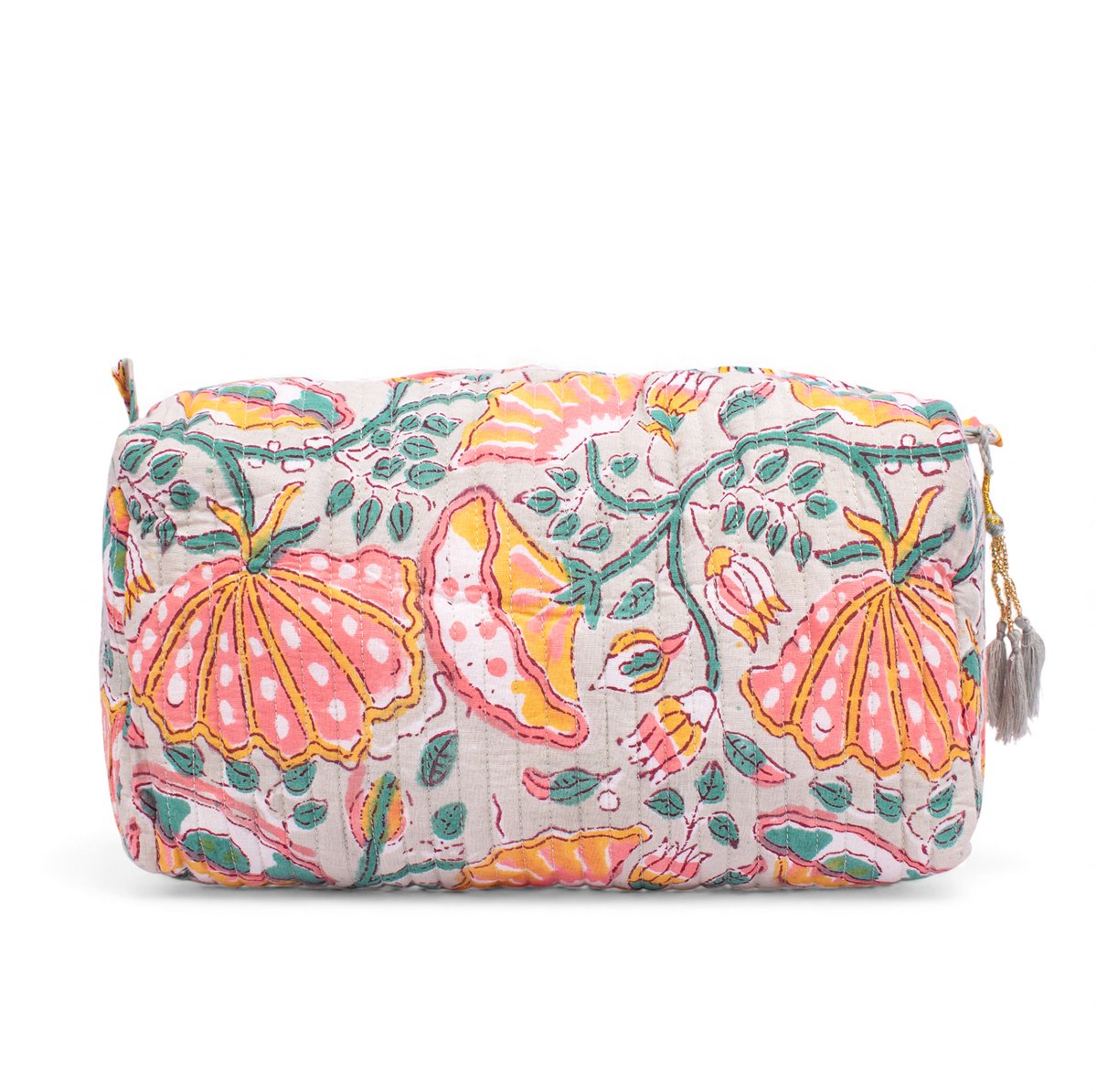 Bambooya toilettas - Bohemian - Ibiza Style - Made in India - Tassel - lichtgroen met klaproos - Large ( 29 x 20 x 10 cm)