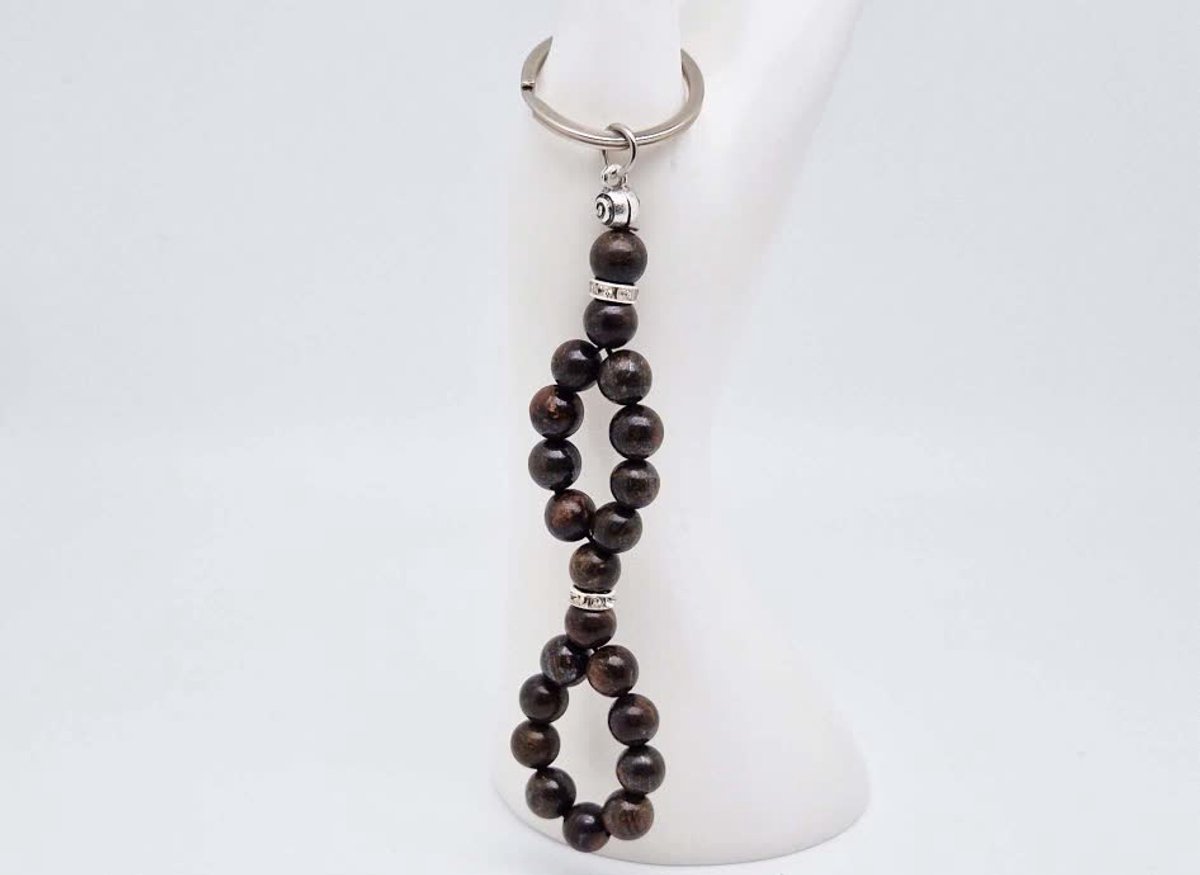 Handgemaakte Vis sleutelhanger van natuursteen " Bronzite" en metaal - diameter kralen 8mm - Aantal stenen21- Een mooi cadeau-idee en een bijzonder aandenken
