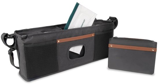 Zwarte kinderwagenconsole met bruine accenten, inclusief een apart vak.