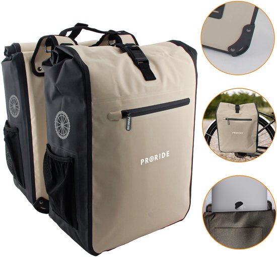 Proride® Dubbele Fietstas Rolltop - Fietstassen Electrische Fietsen - 40L - Beige - Geschikt voor MIK adapter - 100% Waterdicht - Elektrische Fiets - Fietszakken