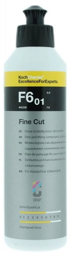 Fles Koch Chemie F6.01 Fine Cut polijstmiddel met gele en zwarte etiketten.