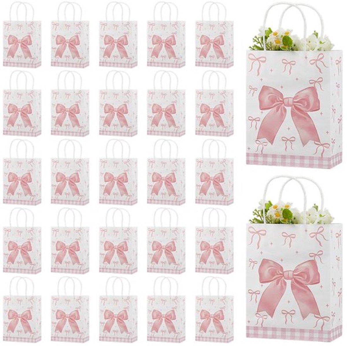 30 Stuks Witte Geschenkzakjes - Handvatten - Roze Strikpapier - Voor Feestdagen en Bruiloft