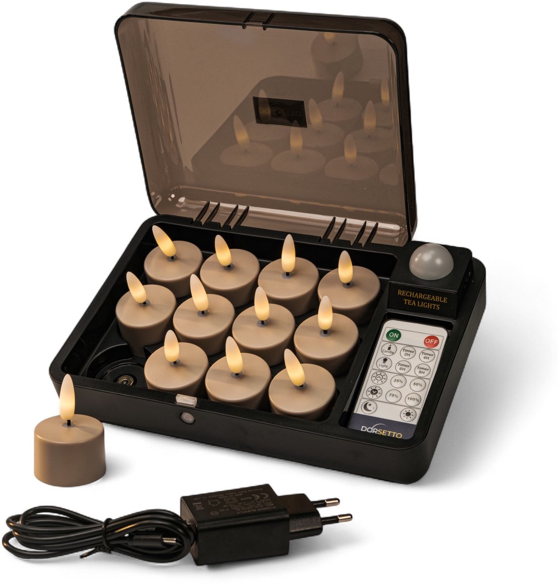 Oplaadbare led waxinelichtjes beige – tot 400 uur brandduur – 12 stuks – met afstandsbediening en oplaadbox