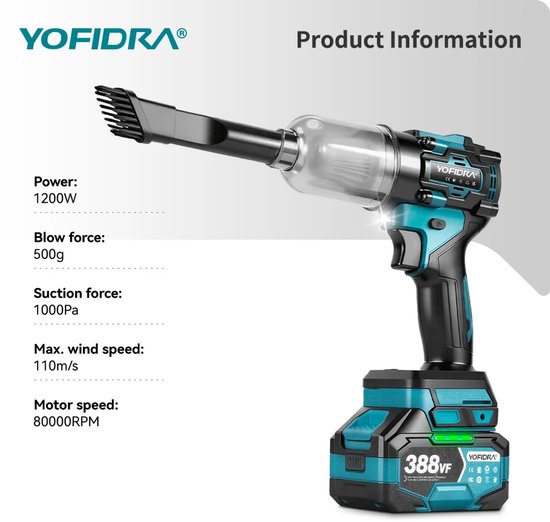 Stofzuiger - Bladblazer Met Accu - Blazer - Sneeuwblazer - Kruimeldief Snoer - 2 In 1 - Auto Blazen en Zuigen - 2x 388vf Accu's -Borstelloos van Merkloos	 — afbeelding 4