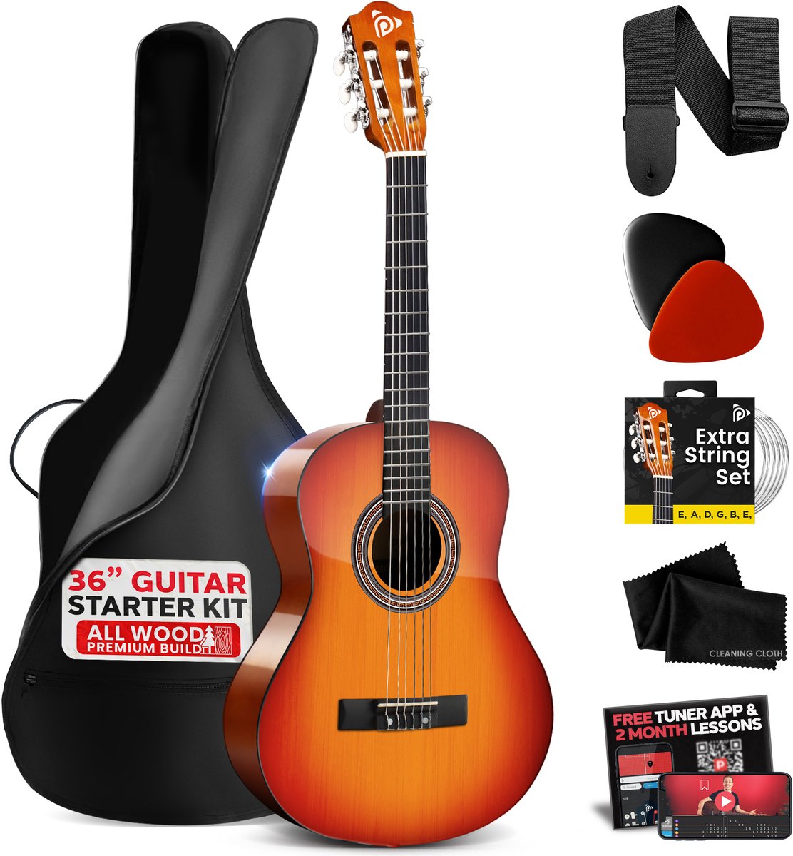 Pyle Akoestische Gitaarset, 3/4 Junior Maat, Houten Instrument met Volledig Accessoirepakket, 36" - Cherry