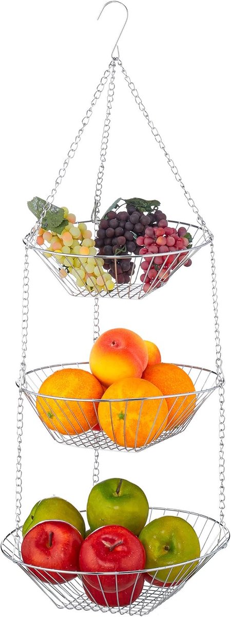 Famanu - Hangende fruitmand met 3 etages, plafondmodel, ruimtebesparend staal, draadmand zilverkleurig