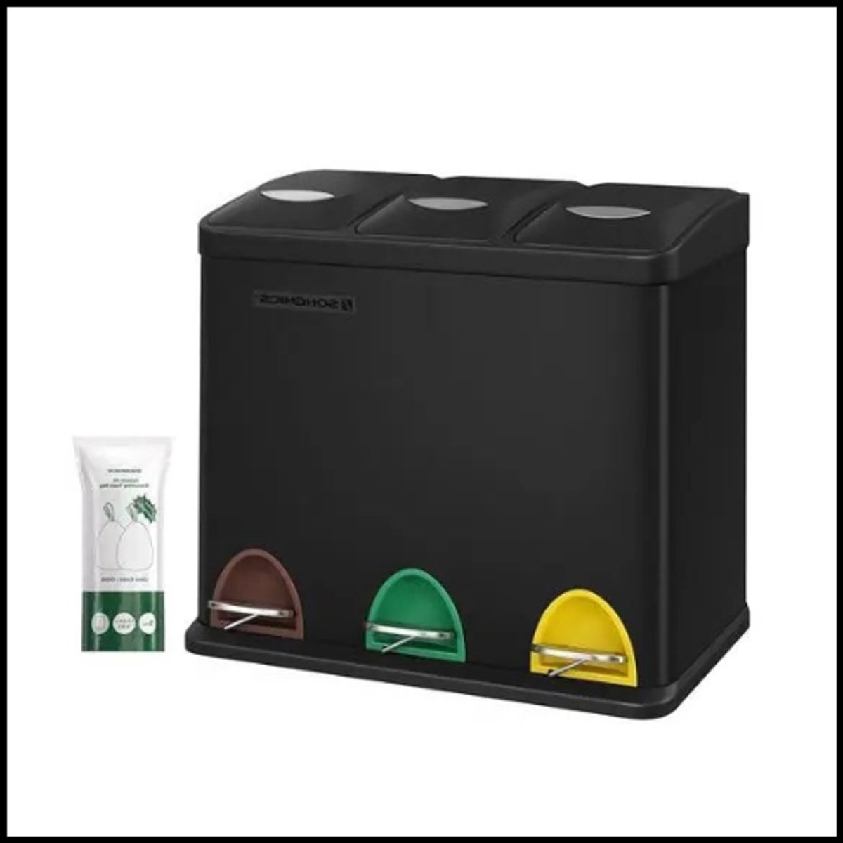 Keukenprullenbak met 3 compartimenten – 3 × 8 L – Zwart – Afvalscheiding – Voetpedaal – Stalen frame – Met deksel