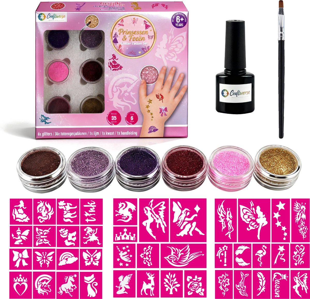 Craftiverse Glitter Tattoo Set – Prinsessen & Feeën Editie – 36 Sjablonen - 6 Kleuren - Schmink Sjablonen - Knutselpakket - Knutselen Meisjes - Huidlijm Voor Glitters - Inclusief Handleiding