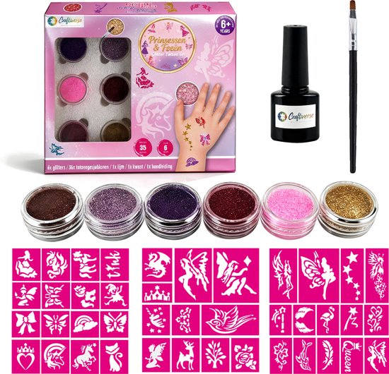 Craftiverse Glitter Tattoo Set – Prinsessen & Feeën Editie – 36 Sjablonen - 6 Kleuren - Schmink Sjablonen - Knutselpakket - Knutselen Meisjes - Huidlijm Voor Glitters - Inclusief Handleiding