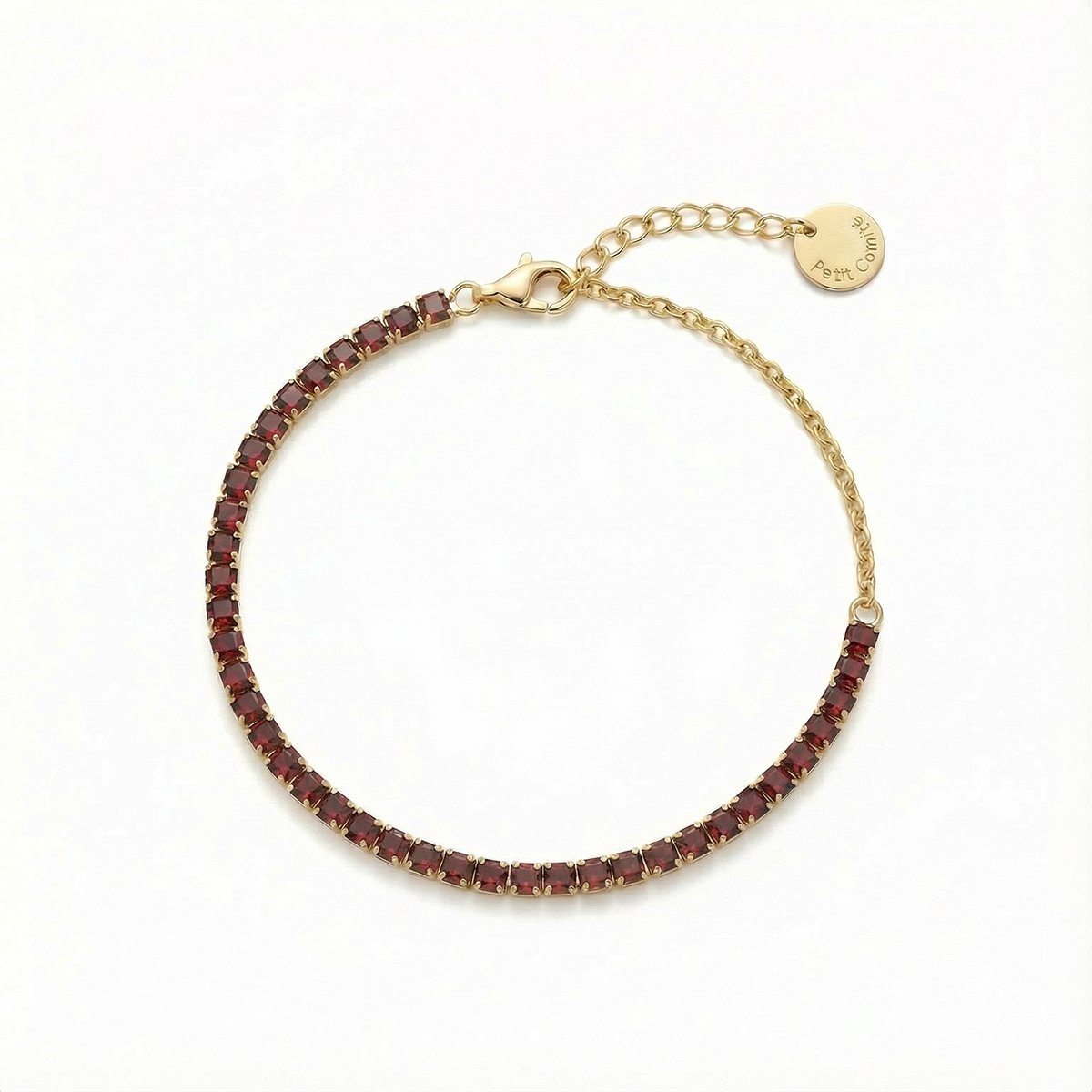 Petit Comité - Armband Dames Goudkleurig Tennis Bracelet - Geboortesteen Januari Granaat - 925 Sterling Zilver - 18k Gold Plated