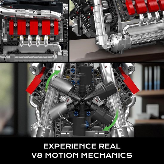 Gedetailleerde LEGO Technic V8 motor met bewegende zuigers, rode cilinders en chromen uitlaten.