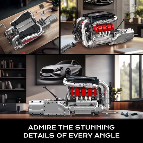 Gedetailleerde LEGO Technic V8 motor met rode cilinders en chromen uitlaten, op een houten tafel.