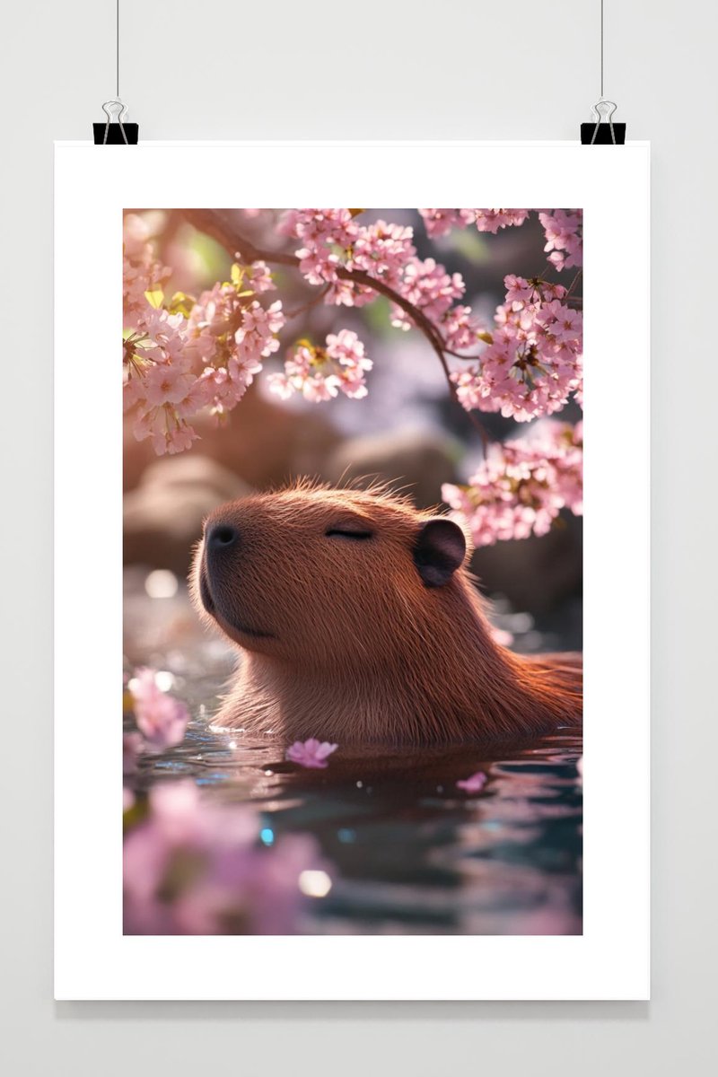 Capibara Poster - Dieren Posters - Kersembloesem - Ontspannend - Warmwaterbron - Met Witte