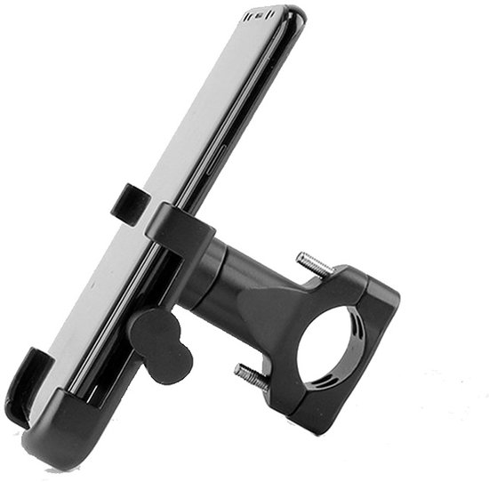 Zwarte telefoonhouder met een smartphone, gemonteerd op een stuurklem.