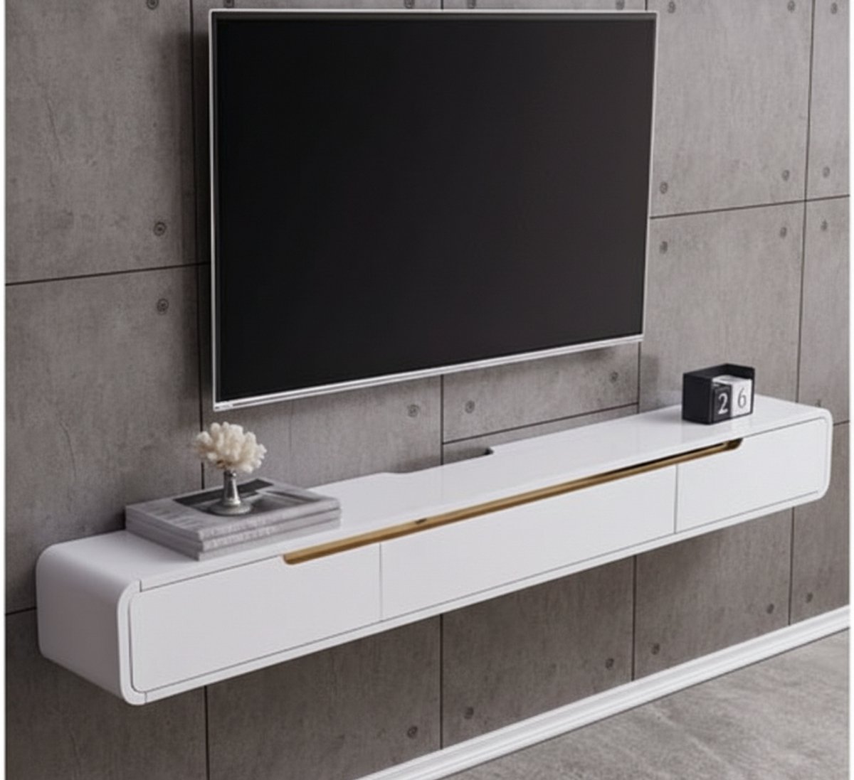 Zwevend TV Meubel met Deur & 2 Lades – Wandgemonteerde TV Kast 150 cm Wit – Floating Media Console met Opbergruimte – Scandinavisch Design – House&Garden