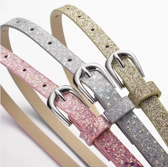 Drie smalle glitter riemen in het roze, zilver en goudkleurig met zilverkleurige gespen.
