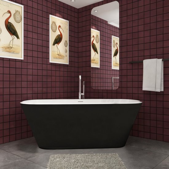 Aica baignoire autoportante noire 170x78x60 cm en acrylique avec isolation thermique - avec bonde et trop-plein - facile à installer