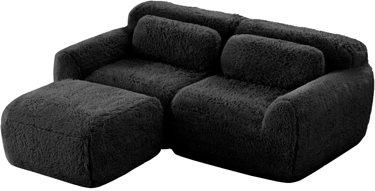Merax L-Vormige Modulaire 2-Zits Bank Met Poef - Pluche Stoffering - Geen Montage - Inclusief Kussens - Zwart