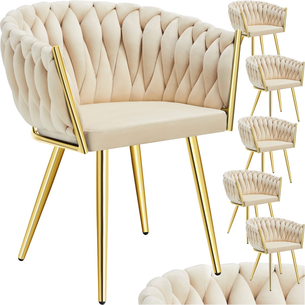 Tectake Set van 6 Fluwelen Eetkamerstoelen - Kuipstoel met armleuning in knooplook - Eetkamerstoel - Moderne stoelvoor woonkamer en eetkamer - Keukenstoel - Kaptafelstoel - Slaapkamerstoel - Diverse kleuren - Zandkleurig/Goud