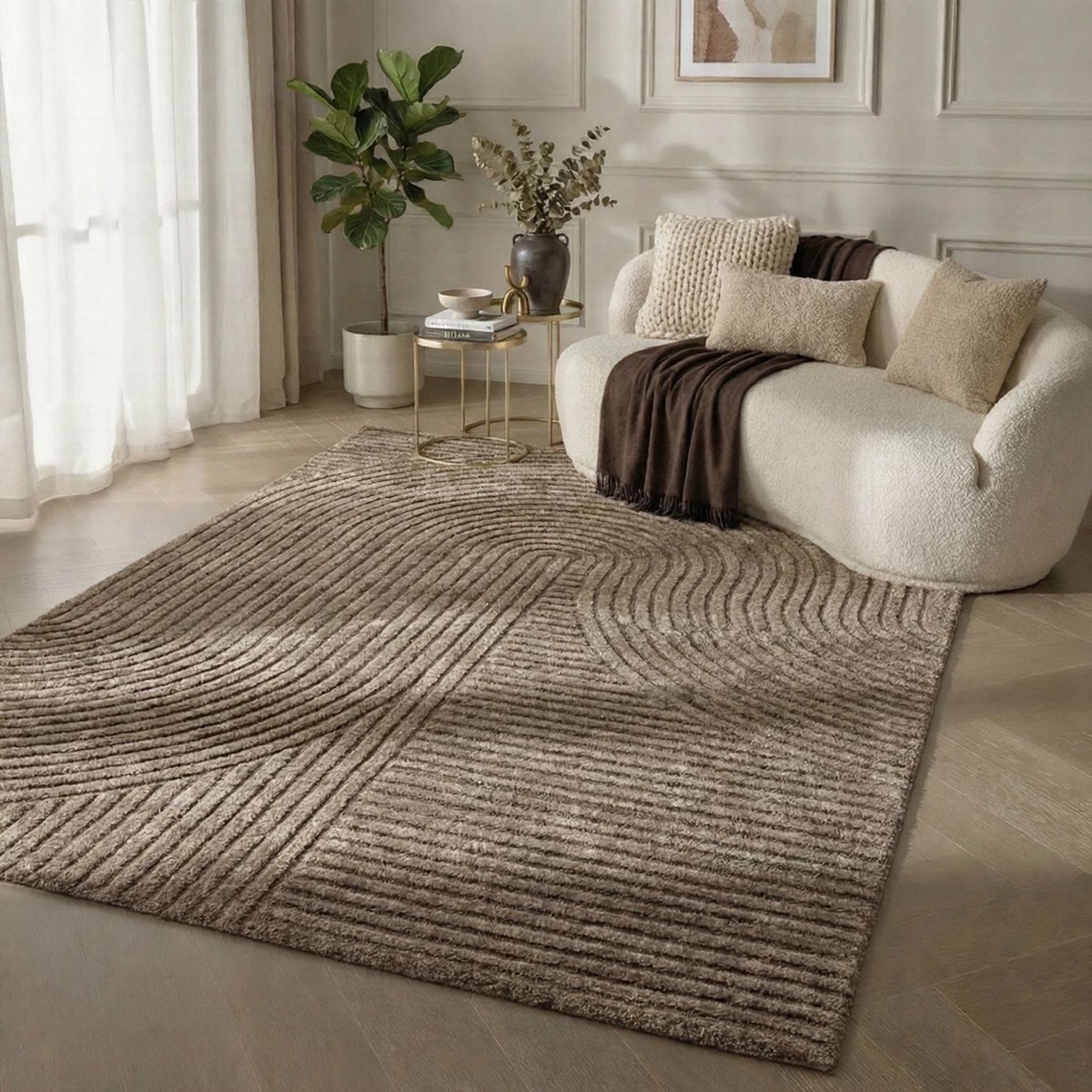 Flycarpets Eliora Vloerkleed Modern Japandi - Bruin - Laagpolig Tapijt Woonkamer - 160x230 cm