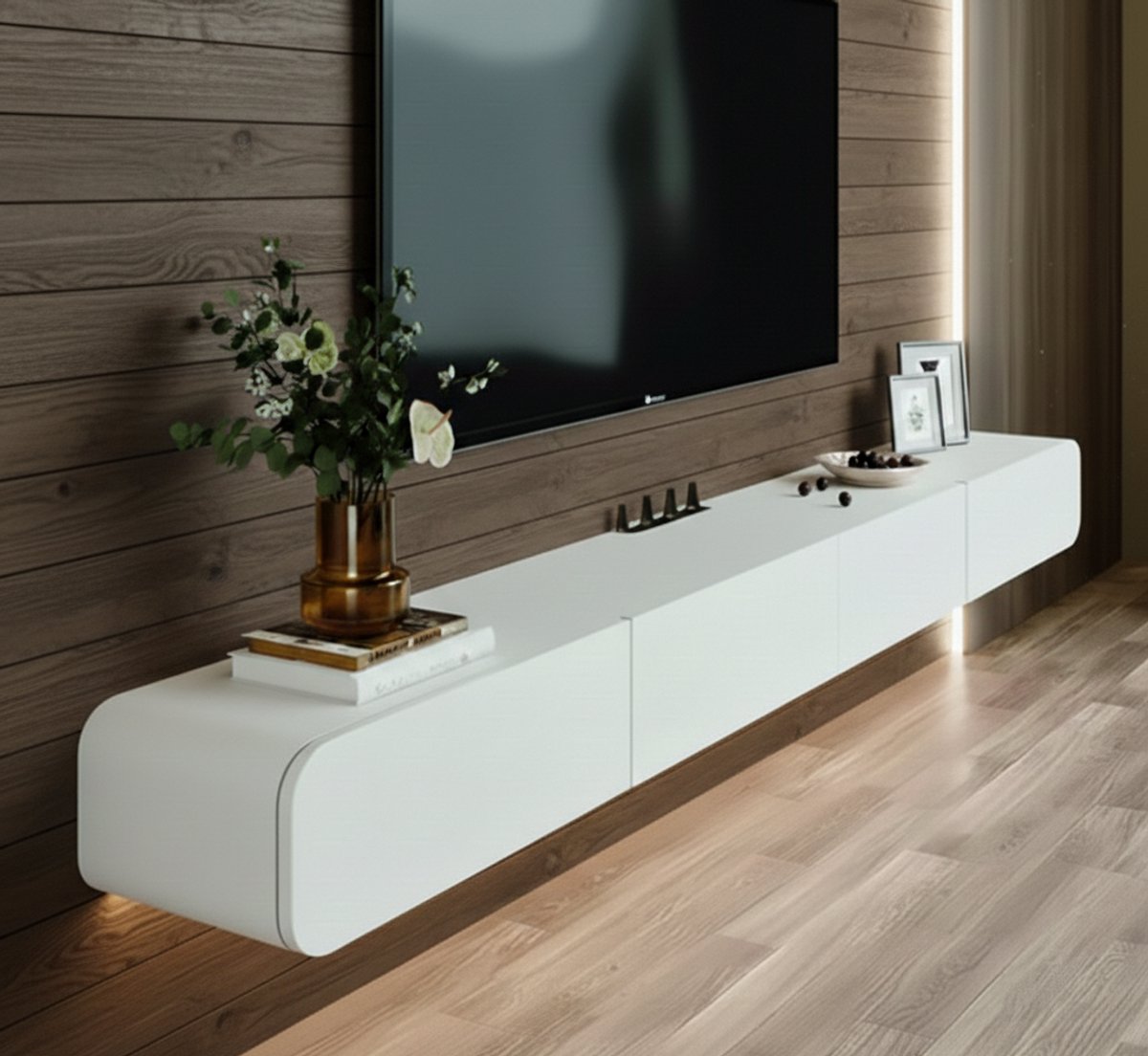 Zwevend TV Meubel Massief Hout met 2 Lades – Wandgemonteerde TV Kast 160 cm Wit – Floating Media Console met Kabeldoorvoer – Scandinavisch Design – House&Garden