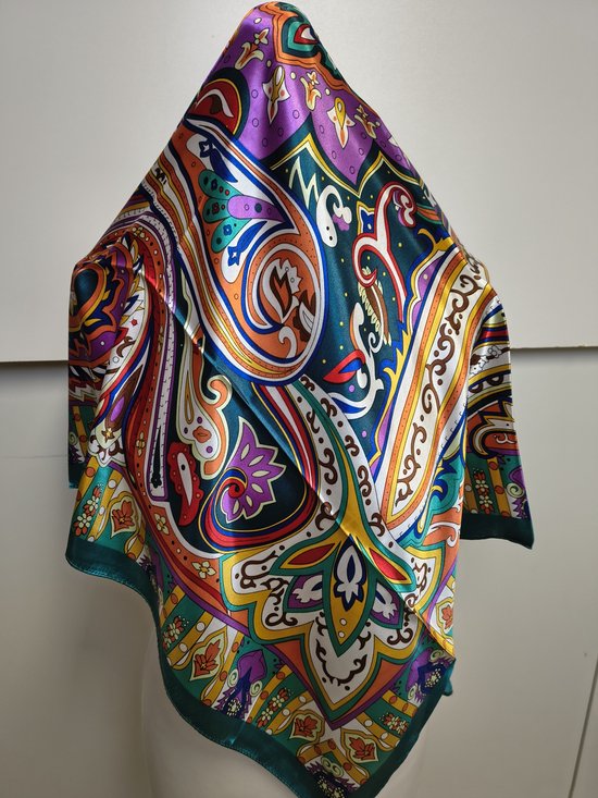 Vierkante dames sjaal Peggy-gebloemd motief-teal blauw wit geel groen oranje paars rood zwart-90x90