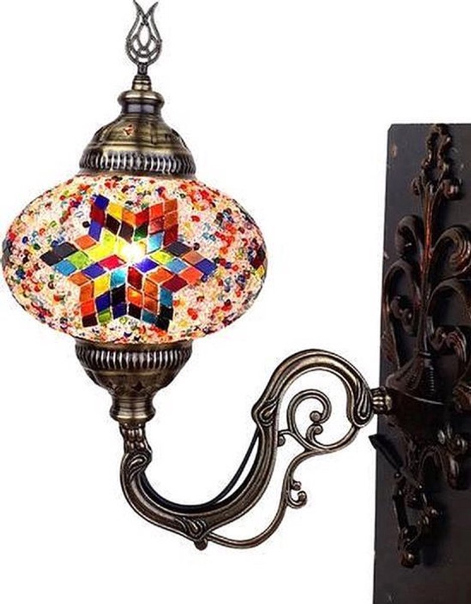 Oosterse Lamp - Wandlamp Mozaïek - Ø 15 cm - Hoogte 28 cm - Handgemaakt en Multi Kleur
