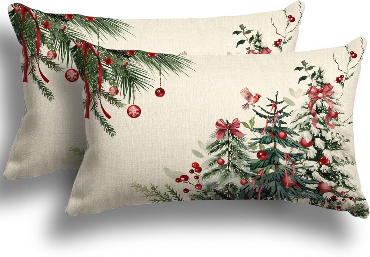 Famanu Kerst kussenhoezen 30x50 cm set 2, linnen look decoratief voor kerstversiering, bank slaapkamer A291