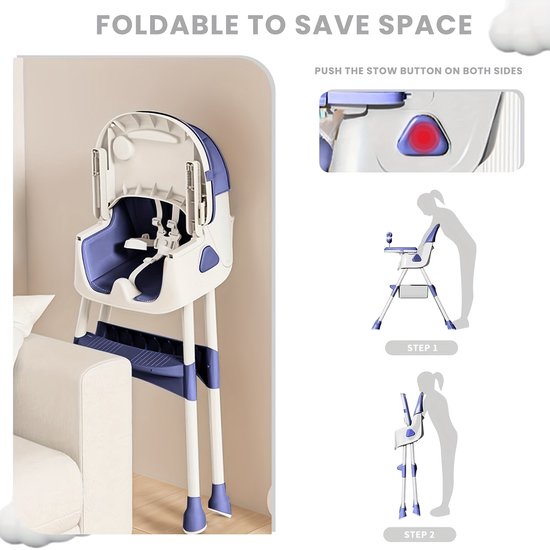 Kinderstoelen-Babystoel-Baby eetstoel Opvouwbaar-Verstelbare Draagbare Eetstoel met 5-Punts Gordels- Multifunctionele Zitplek om te eten, drinken en spelen Met Ergonomische Rugleuning-Comfortabele Kussens En Voetensteun-Grijs. — afbeelding 5