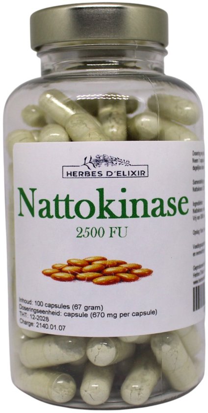 Fles met Herbes D'elixir Nattokinase 2500 FU capsules. De fles bevat 100 capsules.