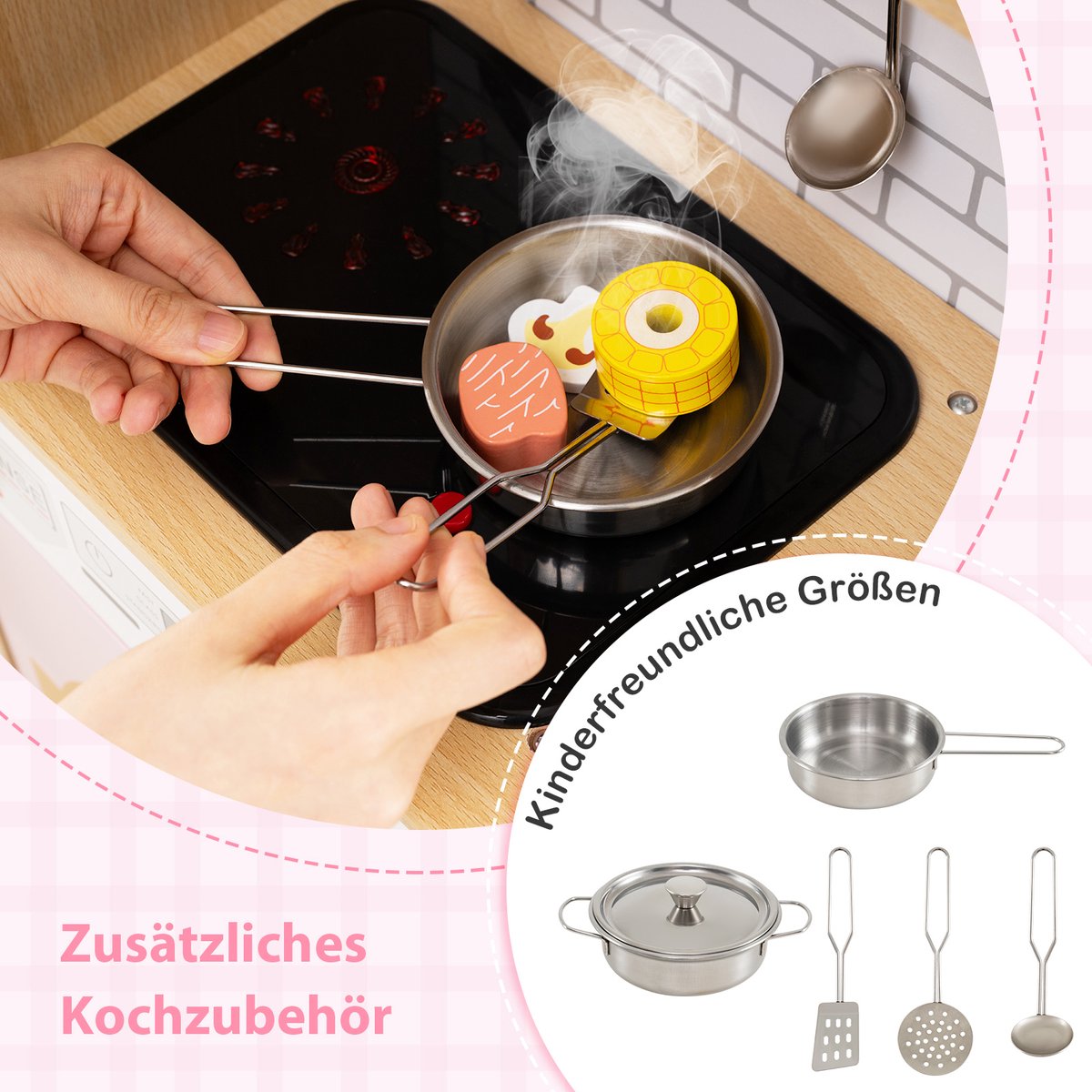 COSTWAY Kinderkeuken, speelkeuken, houten keuken met rotandeuren, licht en geluid, koelkast, waterdispenser, wasmachine en kookaccessoires, speelgoedkeuken voor kinderen vanaf 3 jaar (roze) — afbeelding 6