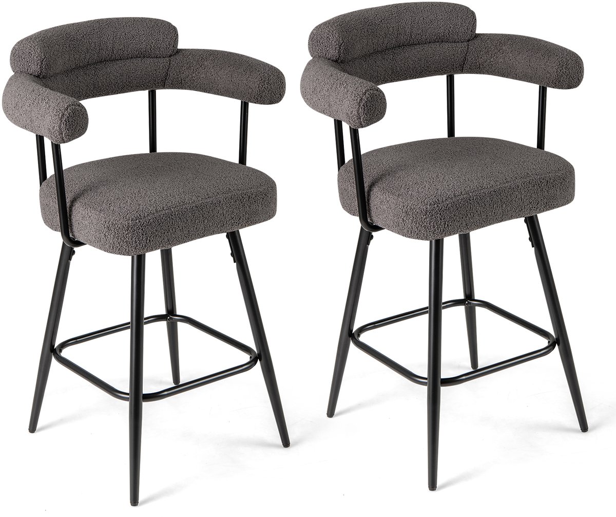 Costway Barkruk, set van 2, baliekruk, 360 graden draaibaar, zithoogte 69 cm, houten kruk met voetensteun, bistrokruk gevoerd, keukenkruk met gebogen rug en armleuningen, modern (grijs)