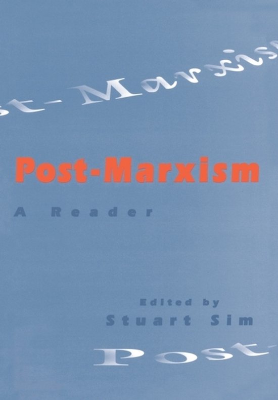 Boek met de titel "Post-Marxism: A Reader" op een blauwe achtergrond. De titel is in oranje letters en de ondertitel "A Reader" in grijze letters.