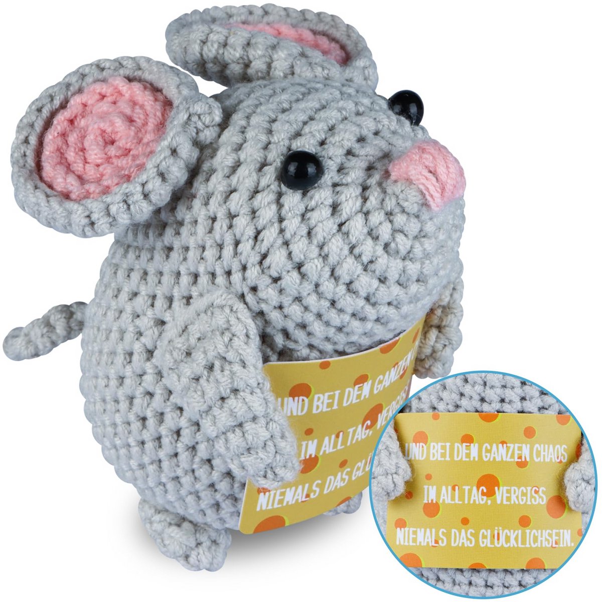 Kraftverdia Geluksamulet Zakknuffel Muis - Handgemaakte Gehaakte Knuffelmuis met Positieve Boodschap - Aanmoedigingscadeau voor Beterschap - Schattig Pluchen & Breiwerk Speelgoed - Creatief Geschenk voor Vrienden en Familie