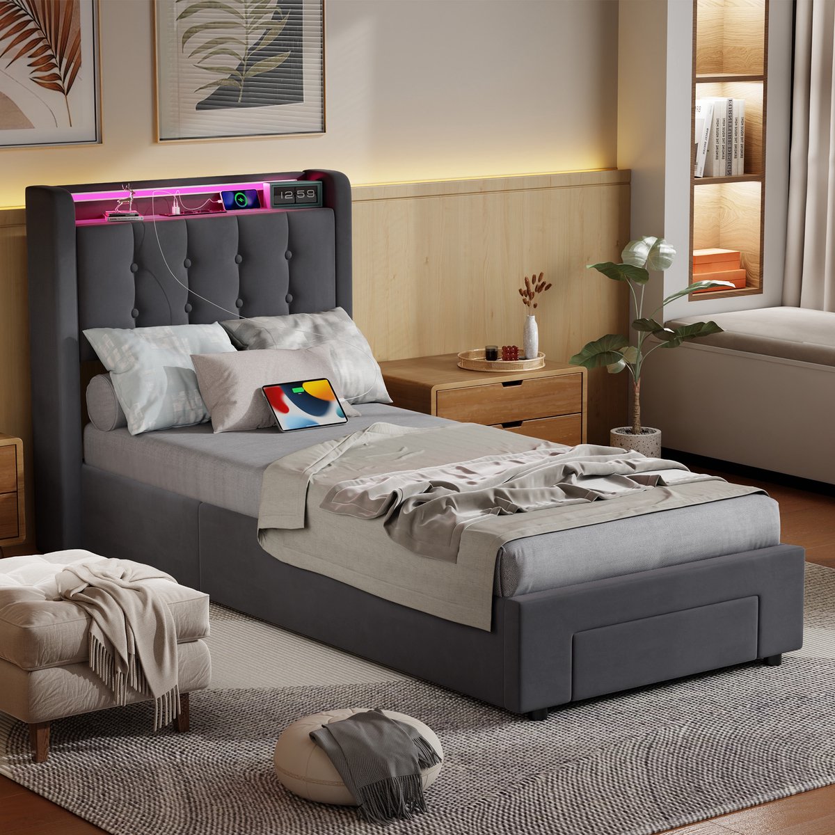 REDOM Bedframe 90x190 cm – Houten frame met LED-verlichting – Donkergrijs