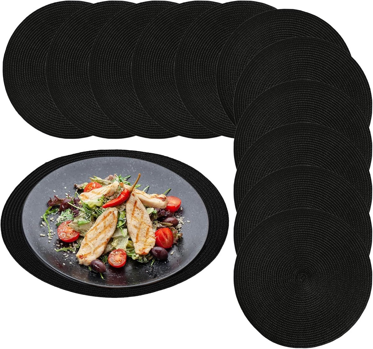 12 zwarte ronde placemats, 38 cm, afwasbaar en hittebestendig