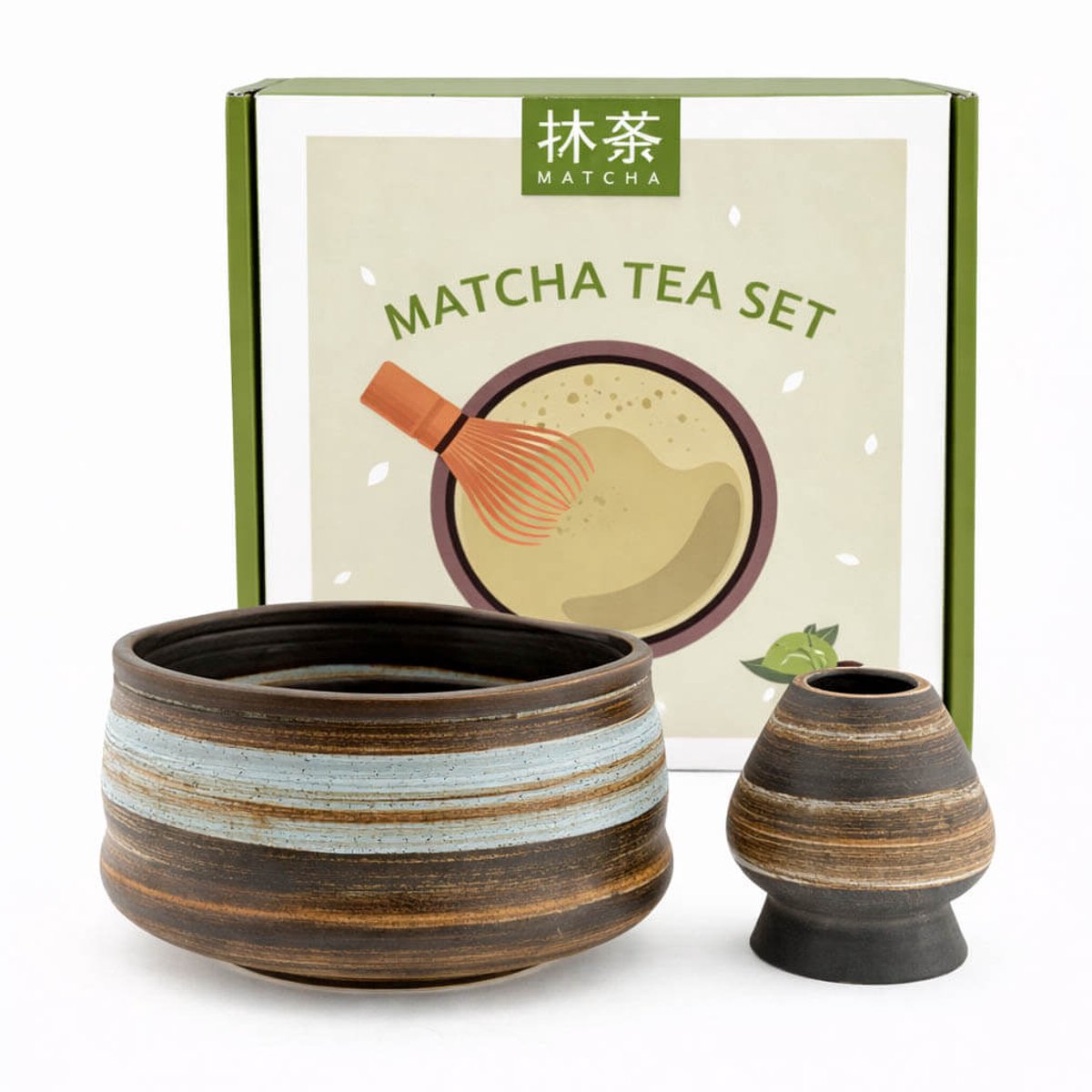 Matcha set in giftbox terra 2-delig– bruin – keramische matcha kom met schenktuit & houder voor bamboe klopper – Japans matcha ritueel – stijlvol thee cadeau