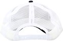 Casquette noire, dos en mesh blanc, fermeture réglable et bouton noir sur le dessus.