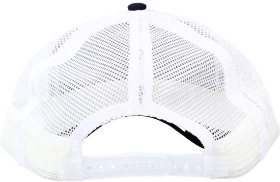 Casquette noire, dos en mesh blanc, fermeture réglable et bouton noir sur le dessus.