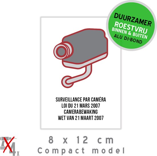 Pictogramme/panneau Dibond | Législation sur la Surveillance par caméra Mars 2007 | 8 x 12 cm | 4 langues | Surveillance | Loi sur les caméras | CCTV | Assiette | 1 pièce