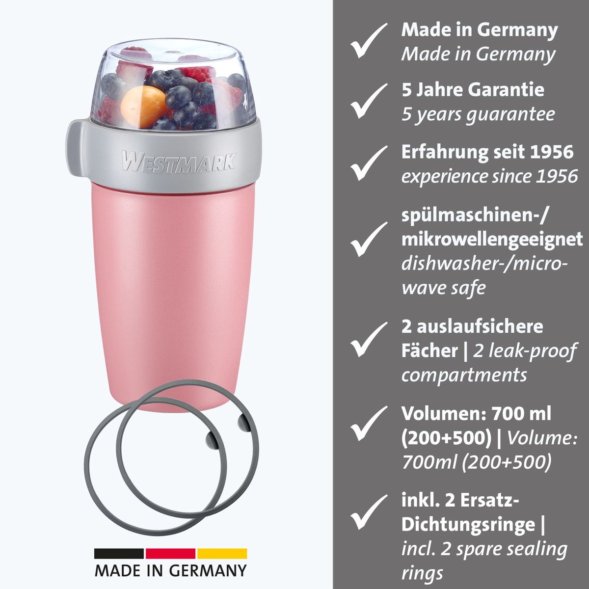 Westmark Muesli Beker/Lunchpot, met 2 lekvrije vakken: 200 ml + 500 ml, inclusief 2 reserve afdichtingsringen, plastic, van nature BPA-vrij, roze/grijs/transparant, 528522EP