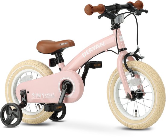 Roze Deryan 3-in-1 kinderfiets met bruine handvatten en zadel, witte velgen en trainingswieltjes.
