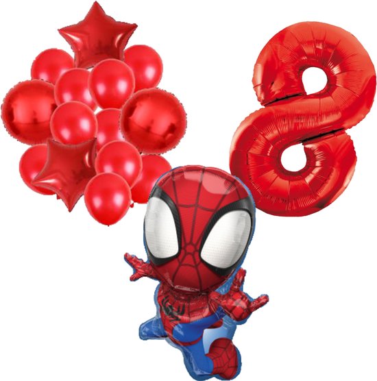 Lot de ballons en aluminium rouge avec Spiderman, une étoile et le chiffre 8, pour un huitième anniversaire.