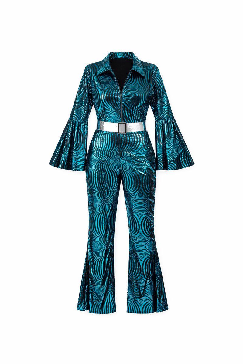 Joya Party® Disco Jumpsuit Dames | Metallic Blauwe ABBA Jaren 70 Outfit met Zilveren Riem | Disco Pak Vrouwen Super Trooper Stijl | Verkleedpak Vrouw | Verkleed Pak Vrouwen | Carnaval & Themafeest | /XL — afbeelding 4