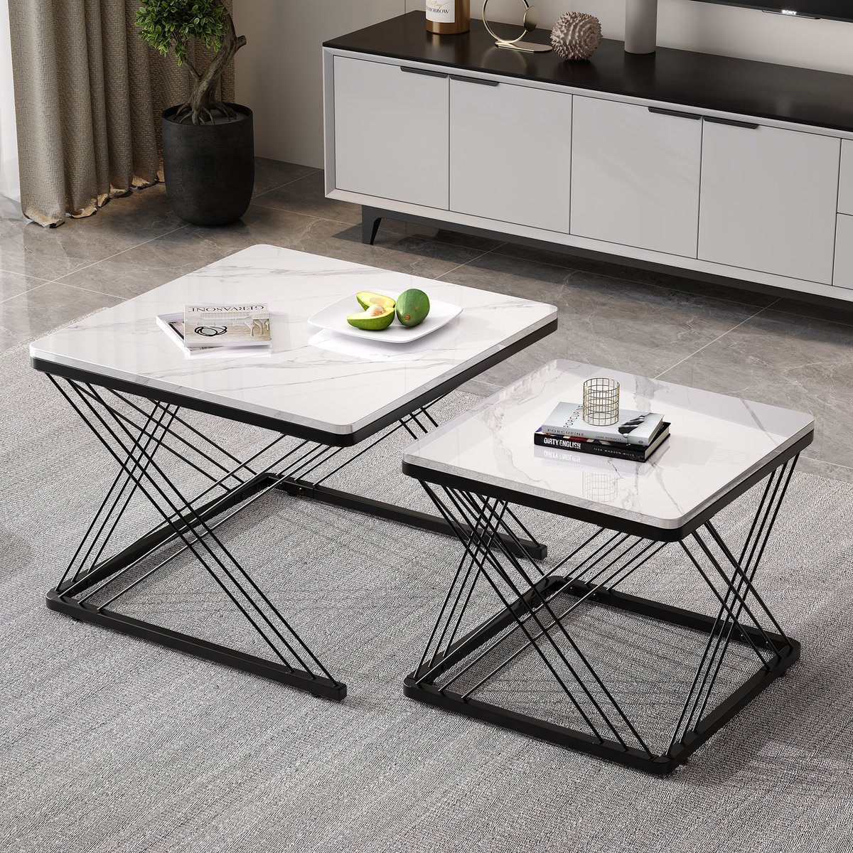 Clruro Stijlvolle 2-delige Salontafel Set - 60x60x45 cm & 45x45x40 cm - Vierkante Tafel - Hoogglans Marmer Zwart Wit