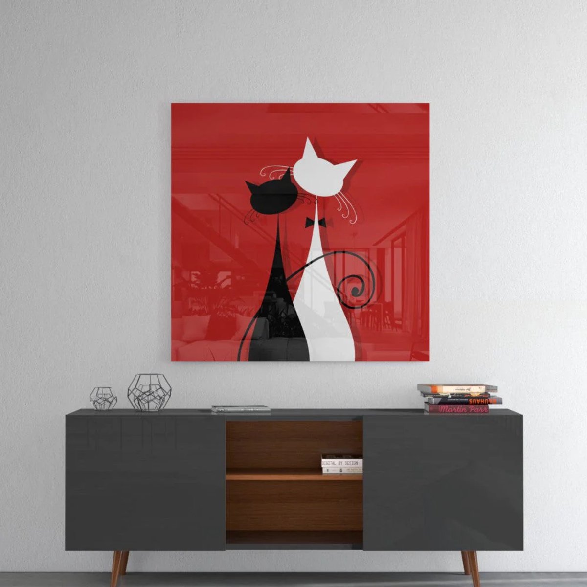 Insigne Art Glasschilderij Vierkant - Katten – Abstract – Rode Achtergrond - 40x40xcm Rood