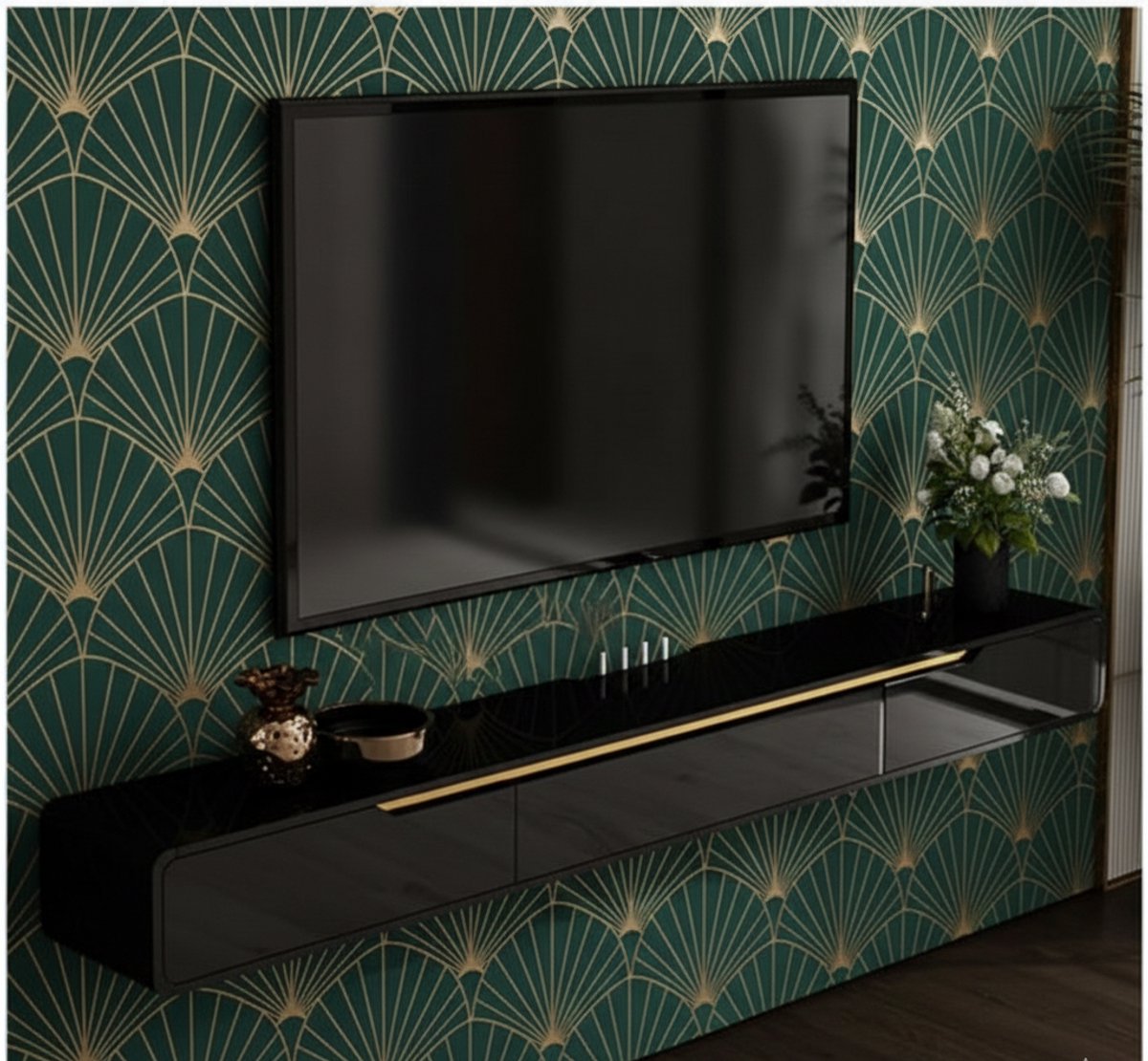 Zwevend TV Meubel Wandmontage 150 cm – Floating TV Kast met 3 Lades & Deur – Moderne Media Console met Grote Opbergruimte – Zwart – House&Garden
