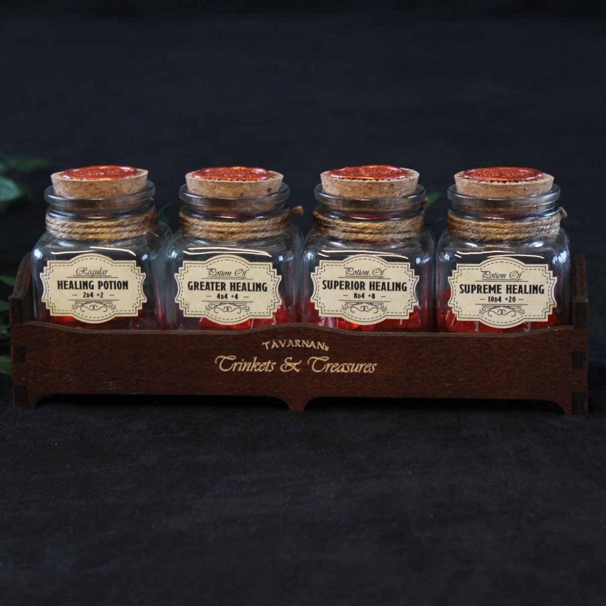 Healing Potion set met houten tray voor Dungeons & Dragons - Hout - Glas - Dnd 5e Potions - Tavarnan Gaming