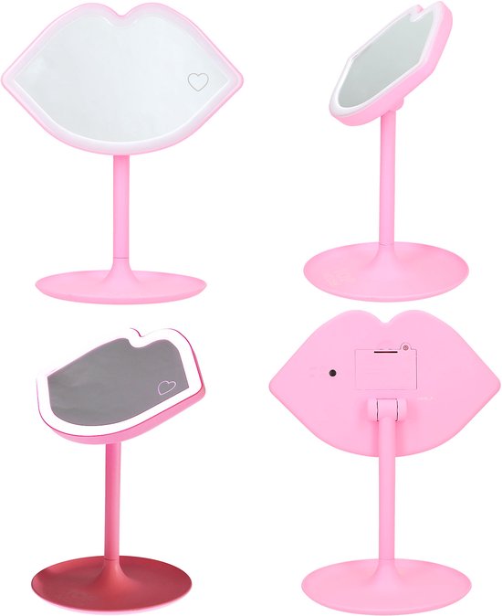 Miroir de maquillage rose TOPModel avec LED en forme de bouche, différentes vues.